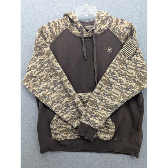 Ariat Hoodie Mens Large Brown Camo Patriot Hood Pullover Flag Patch Fleece Logo - Picture 1 of 10